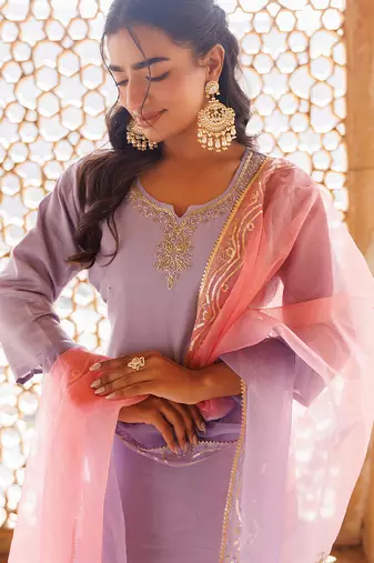lavender embroidered art silk kurta pant set