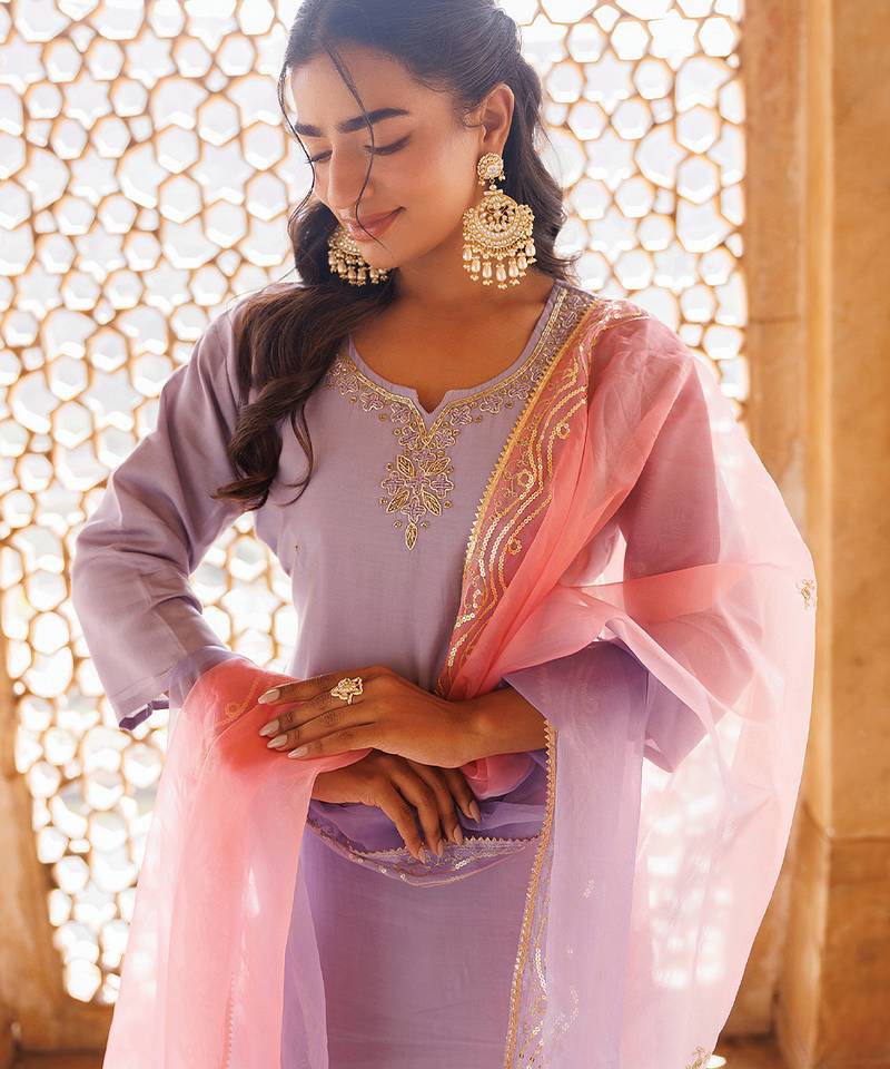 Lavender embroidered art silk kurta set