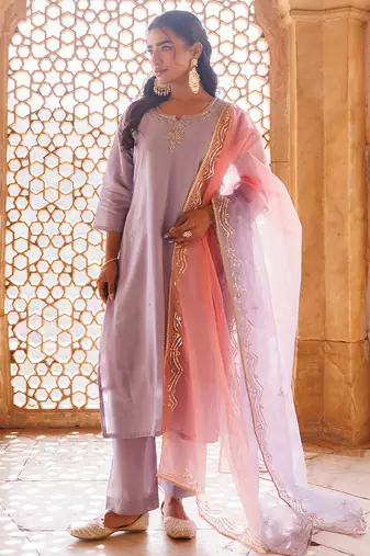 lavender embroidered art silk kurta pant set