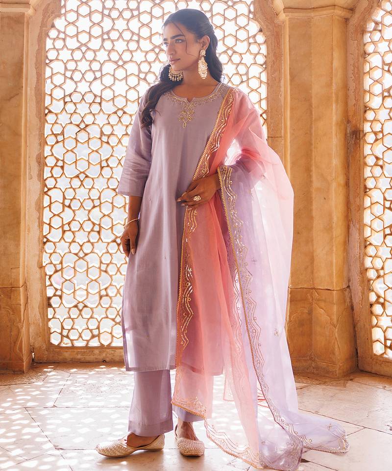 Lavender embroidered art silk kurta set