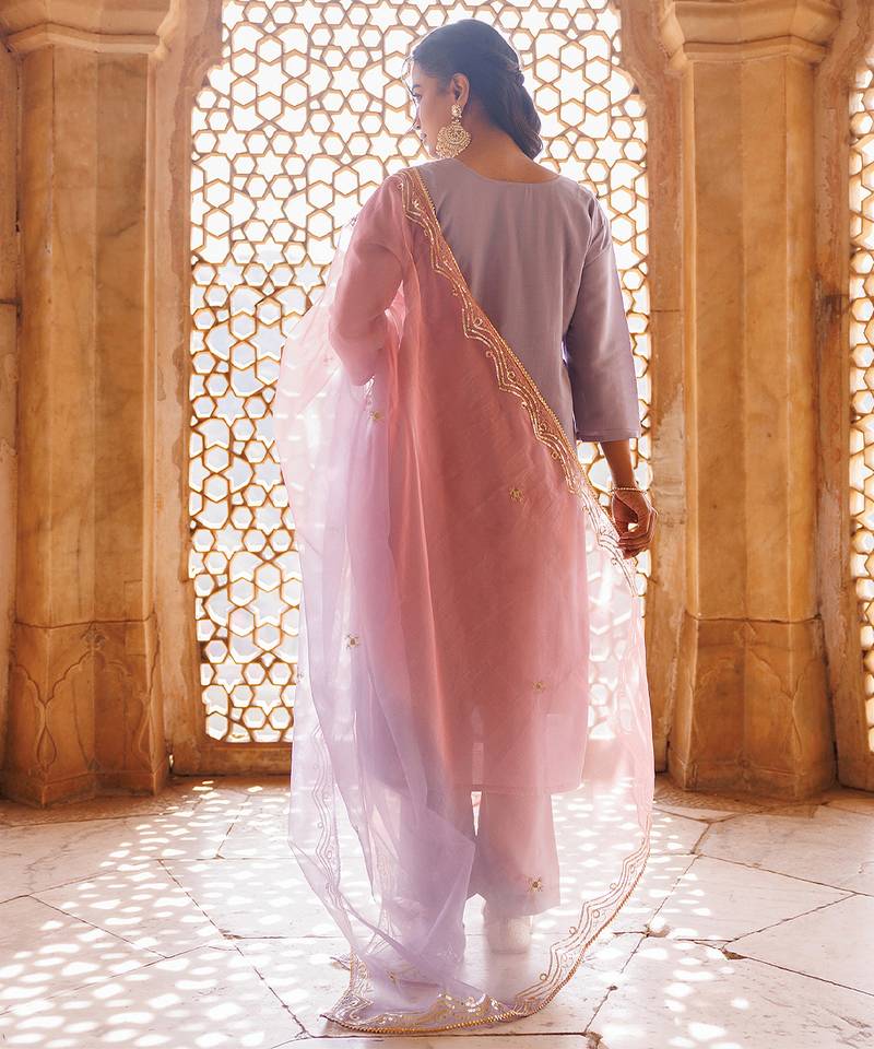 Lavender embroidered art silk kurta set