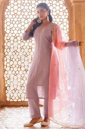 lavender embroidered art silk kurta pant set