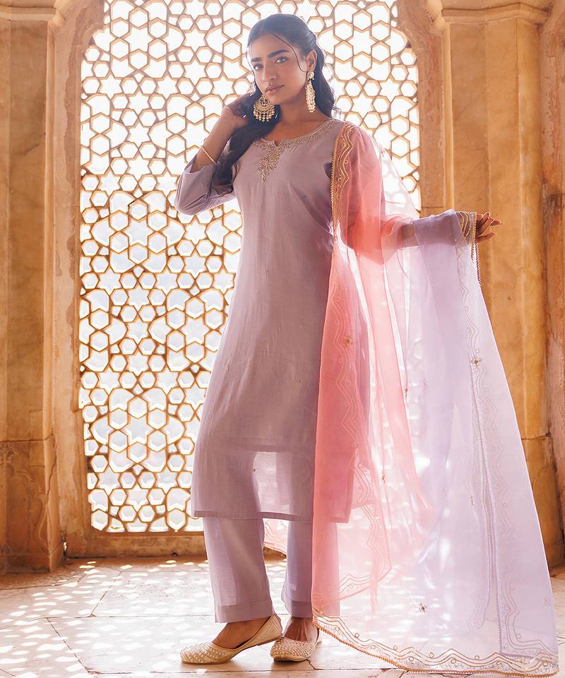 Lavender embroidered art silk kurta set