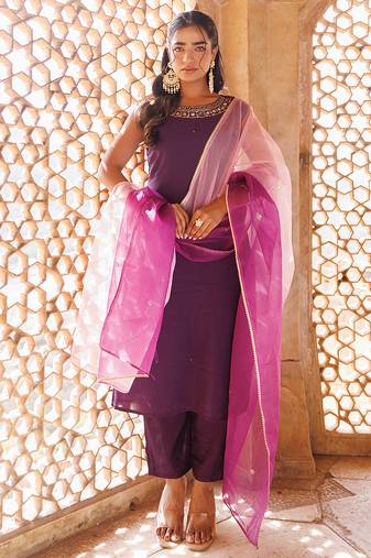 Wine embroidered art silk kurta set