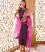 Wine embroidered art silk kurta set