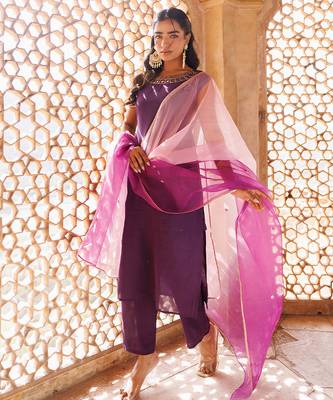 wine embroidered art silk kurta pant set 2