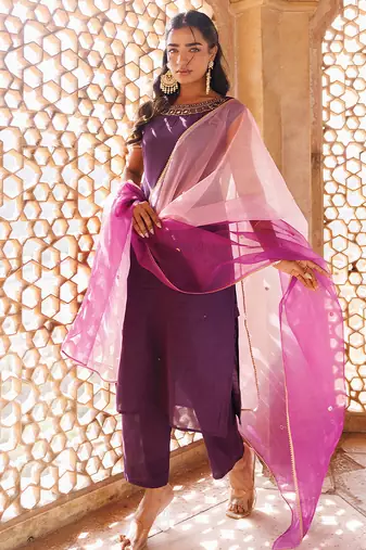 wine embroidered art silk kurta pant set