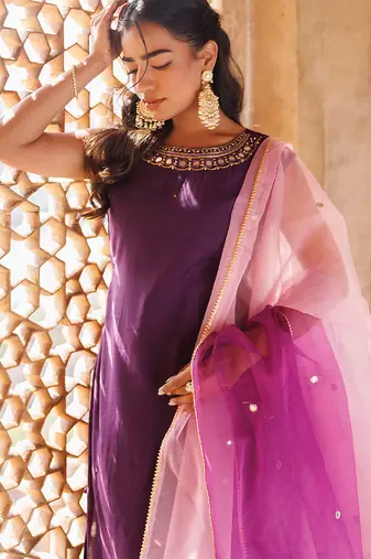 wine embroidered art silk kurta pant set