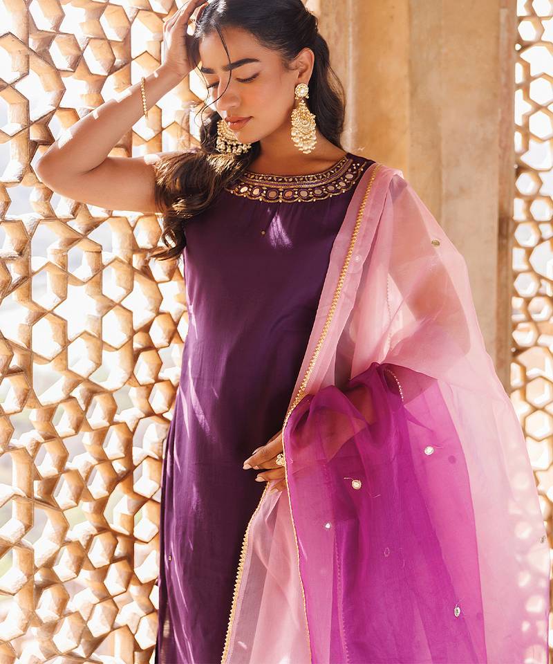 Wine embroidered art silk kurta set