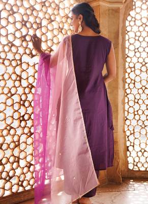 wine embroidered art silk kurta pant set 4