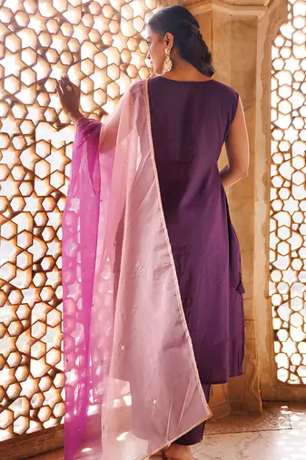 wine embroidered art silk kurta pant set