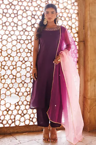 wine embroidered art silk kurta pant set