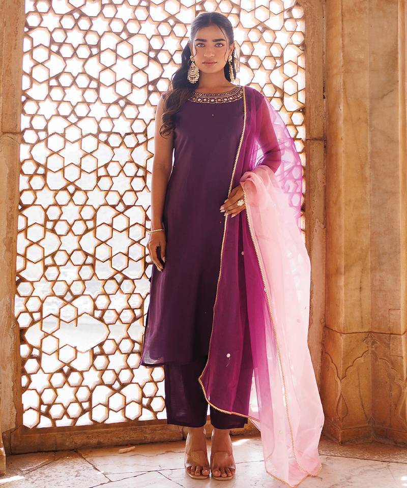 Wine embroidered art silk kurta set