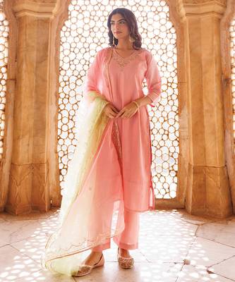 pink embroidered art silk kurta pant set 1