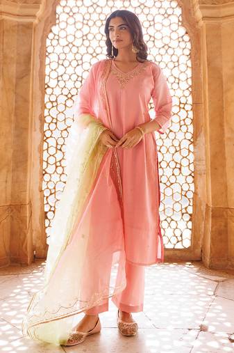 Pink embroidered art silk kurta set
