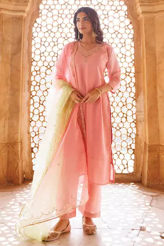 Pink embroidered art silk kurta set