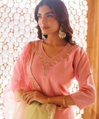 pink embroidered art silk kurta pant set 2