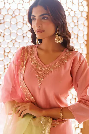 pink embroidered art silk kurta pant set