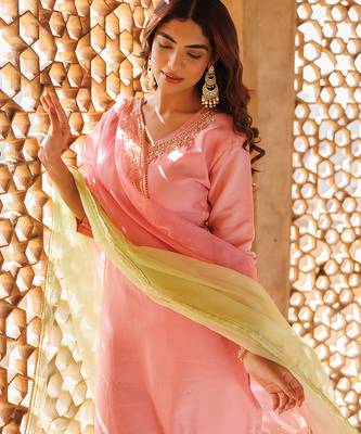 pink embroidered art silk kurta pant set 3