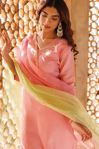 pink embroidered art silk kurta pant set