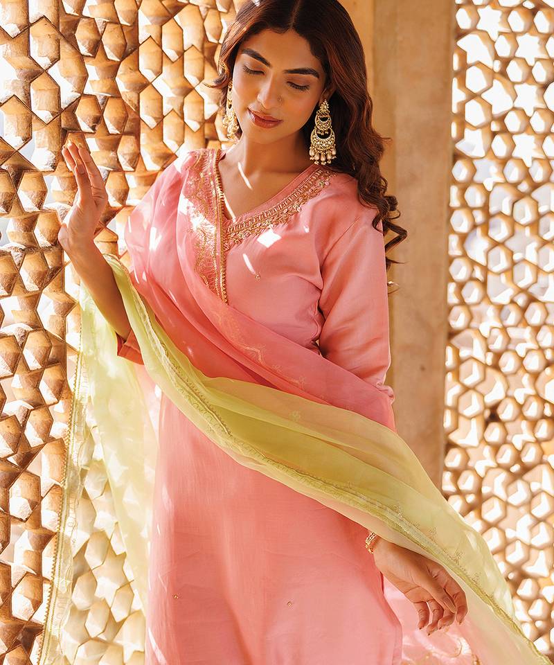 Pink embroidered art silk kurta set