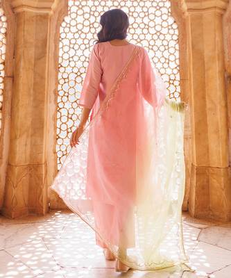 pink embroidered art silk kurta pant set 4