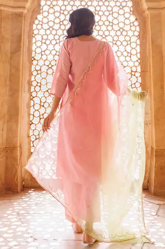 pink embroidered art silk kurta pant set