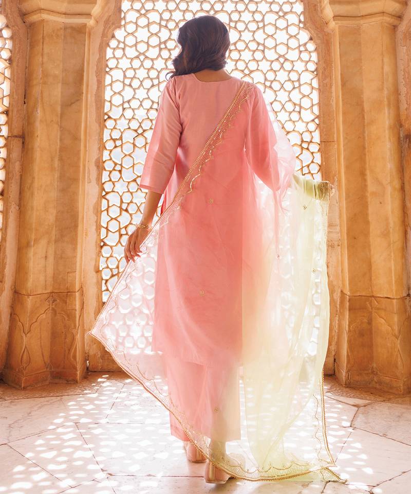 Pink embroidered art silk kurta set