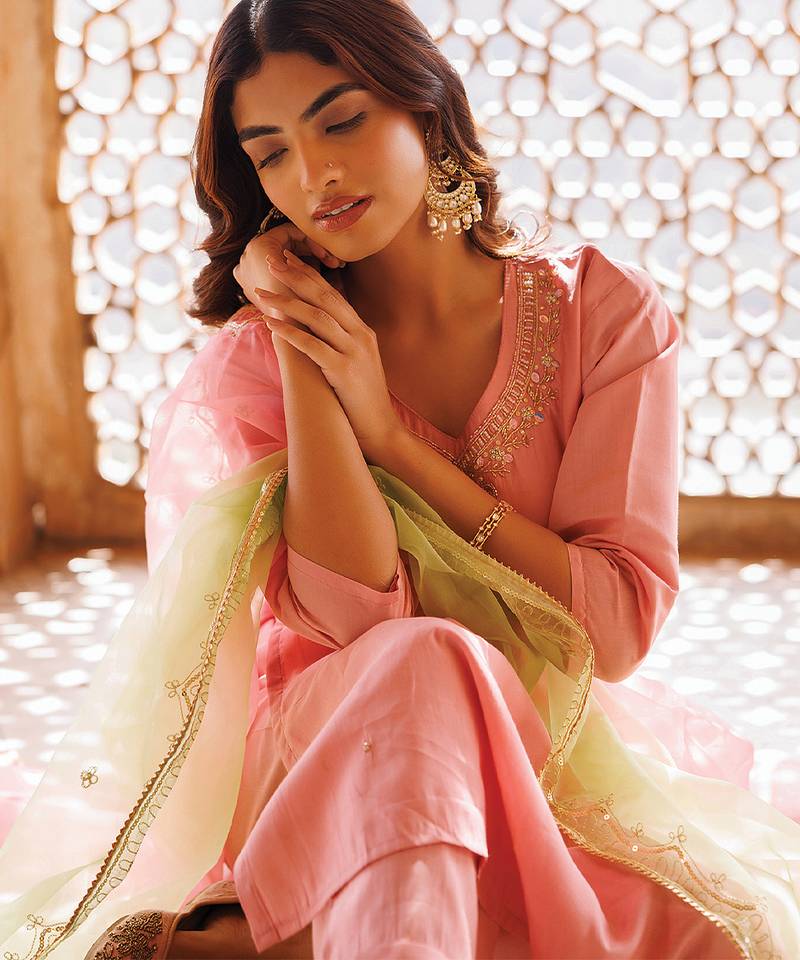 Pink embroidered art silk kurta set