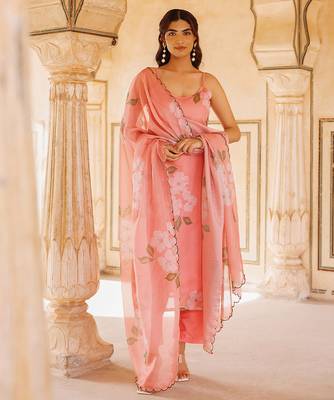 peach printed cotton kurta pant set 1