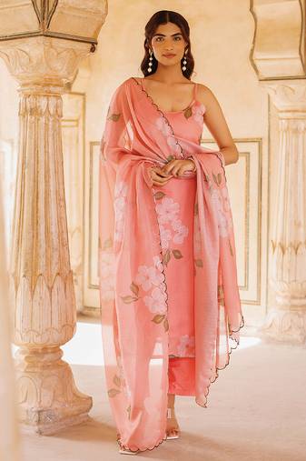 Peach printed cotton kurta set
