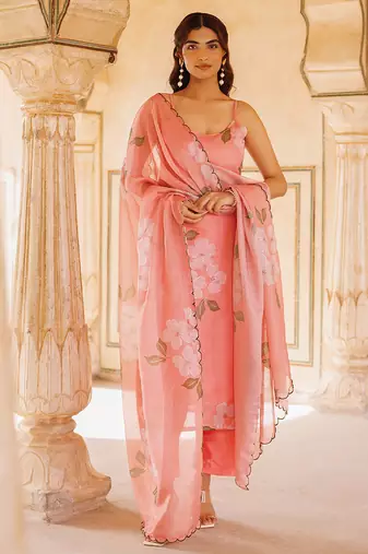 Peach printed cotton kurta set