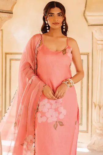 peach printed cotton kurta pant set