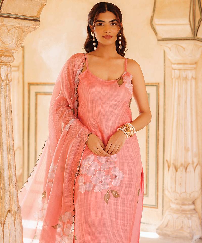 Peach printed cotton kurta set