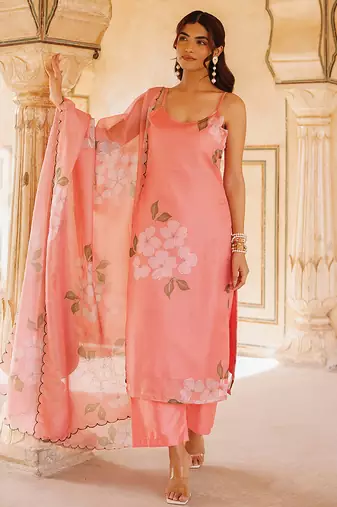 peach printed cotton kurta pant set