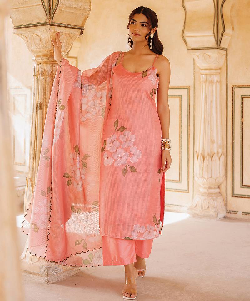 Peach printed cotton kurta set