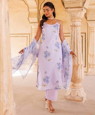 lavender printed cotton kurta pant set 1
