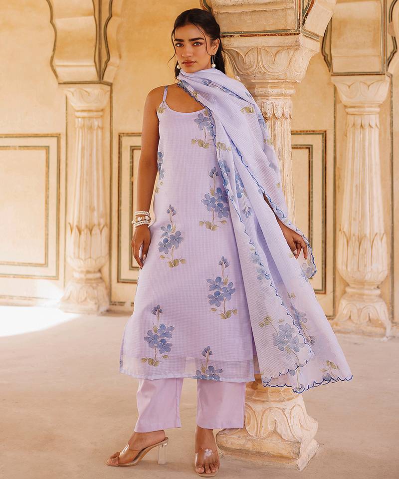 Lavender printed cotton kurta set