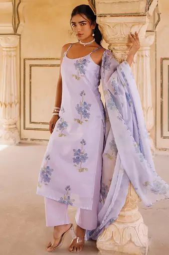 lavender printed cotton kurta pant set