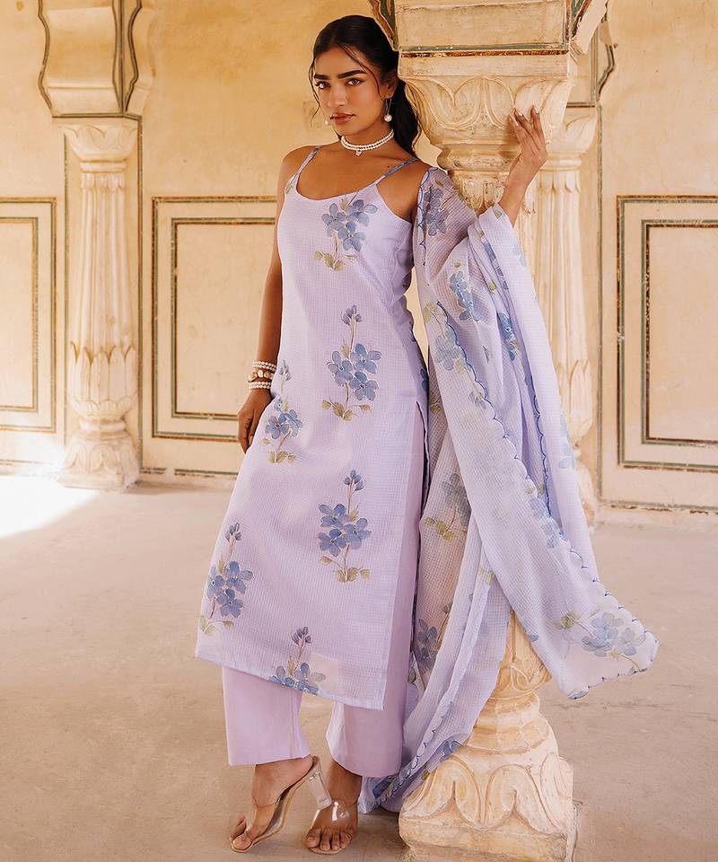 Lavender printed cotton kurta set
