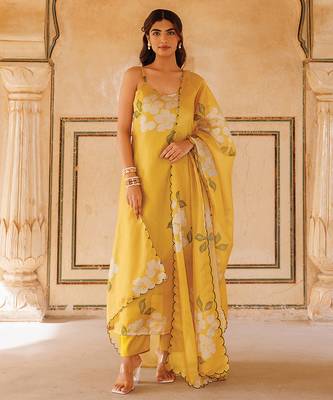 mustard yellow printed cotton kurta pant set 1