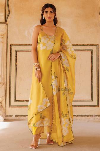 Mustard yellow printed cotton kurta set