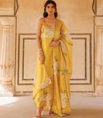 Mustard yellow printed cotton kurta set