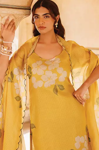 mustard yellow printed cotton kurta pant set