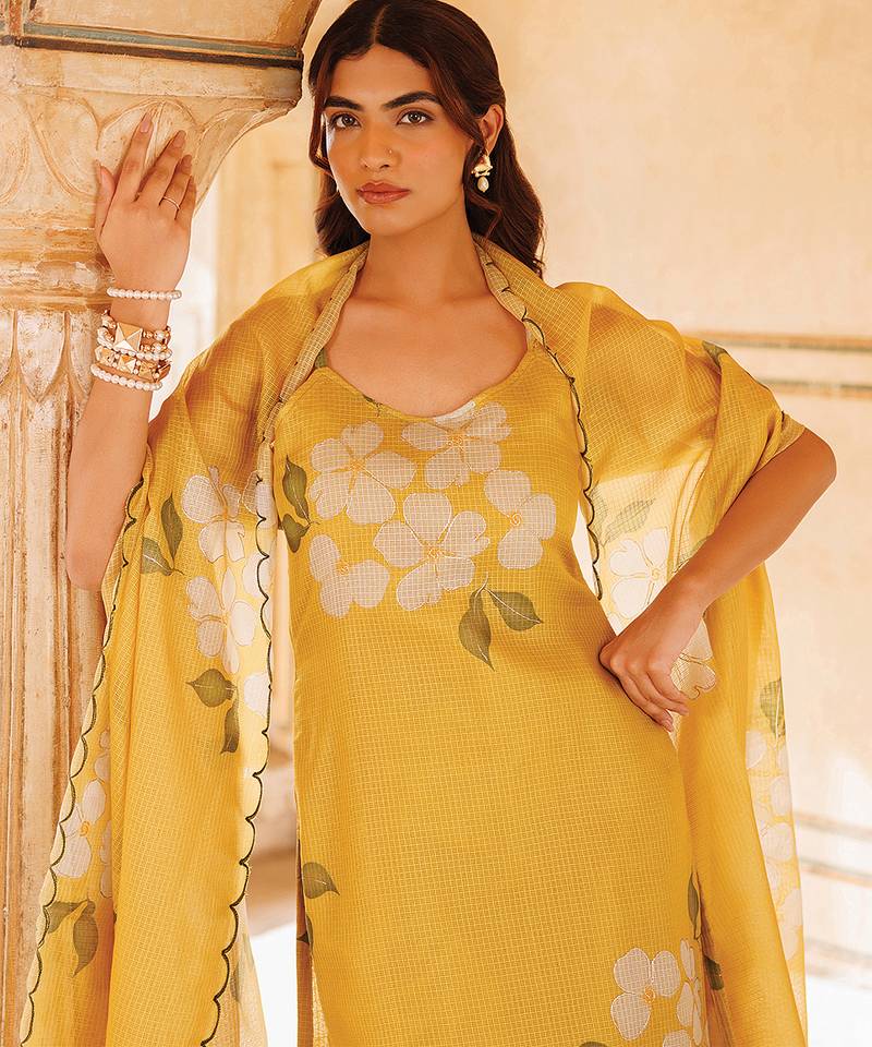 Mustard yellow printed cotton kurta set