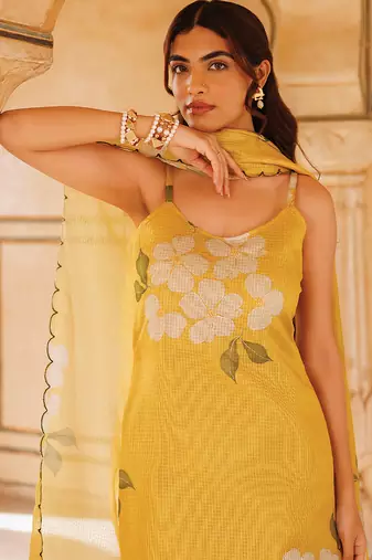 mustard yellow printed cotton kurta pant set