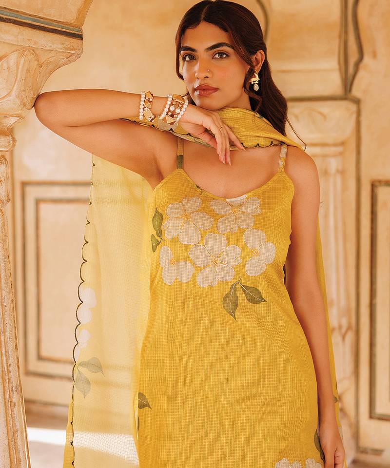 Mustard yellow printed cotton kurta set