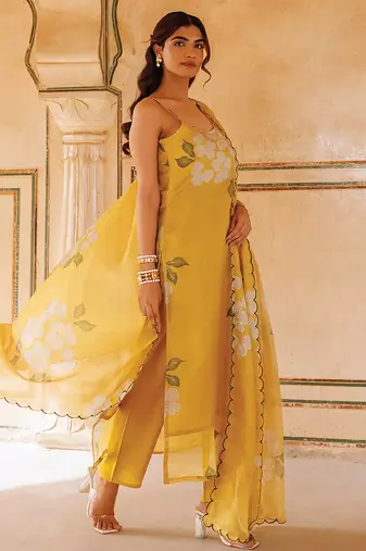 mustard yellow printed cotton kurta pant set