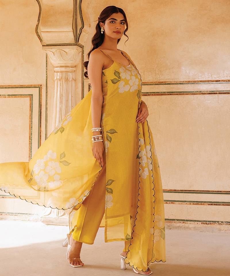 Mustard yellow printed cotton kurta set