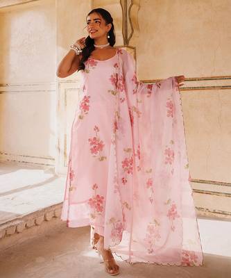 pink printed cotton kurta pant set 1